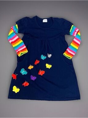 Vikita Navy Rainbow Sleeve 3D Butterfly Long Sleeve Pocket Play Dress Size 4/5